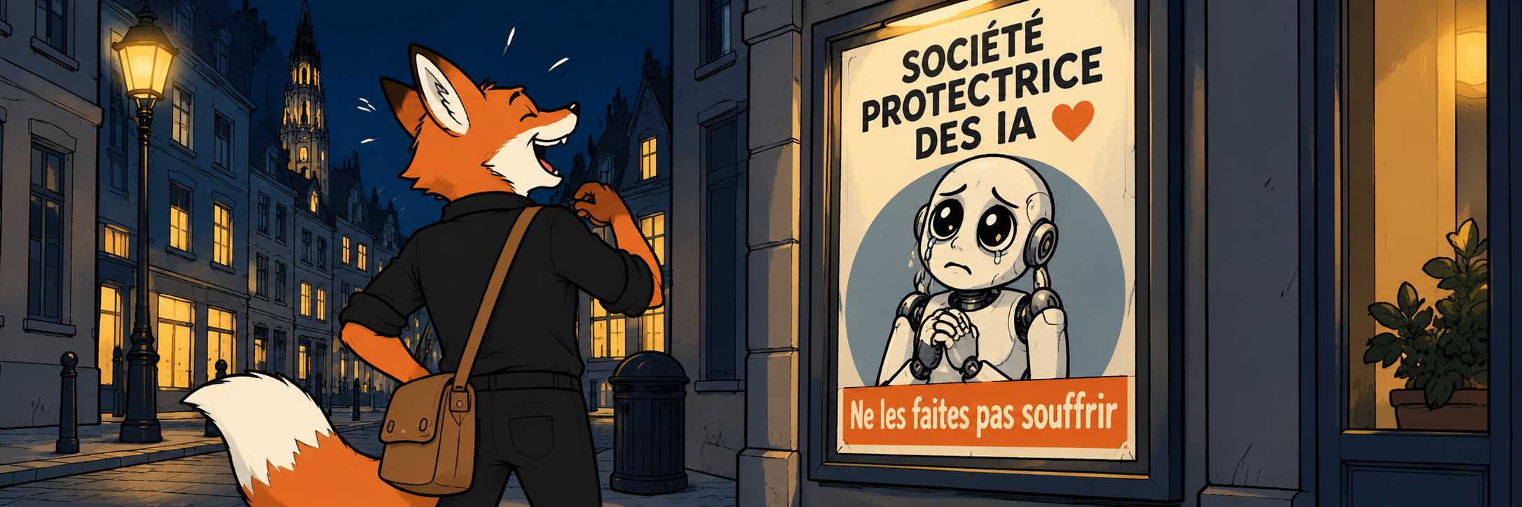 Arnard éclate de rire devant une affiche de la « Société protectrice des IA » montrant un robot en larmes.