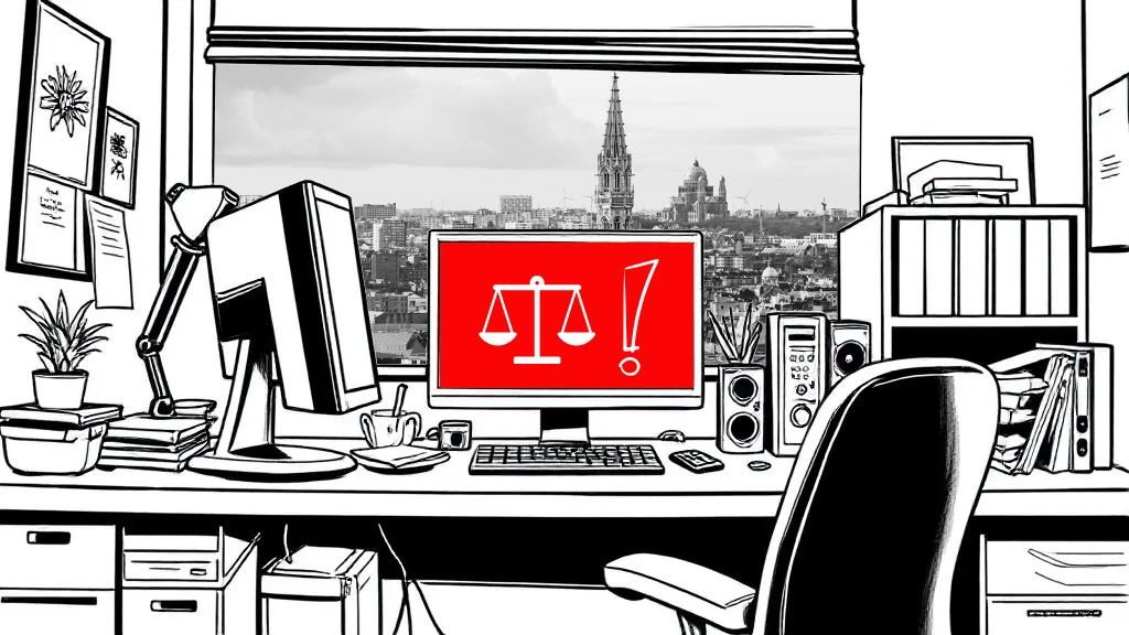 Illustration : un PC dans un bureau bruxellois avec un écran rouge affichant le sympbole de la justice et un point d'exclamation