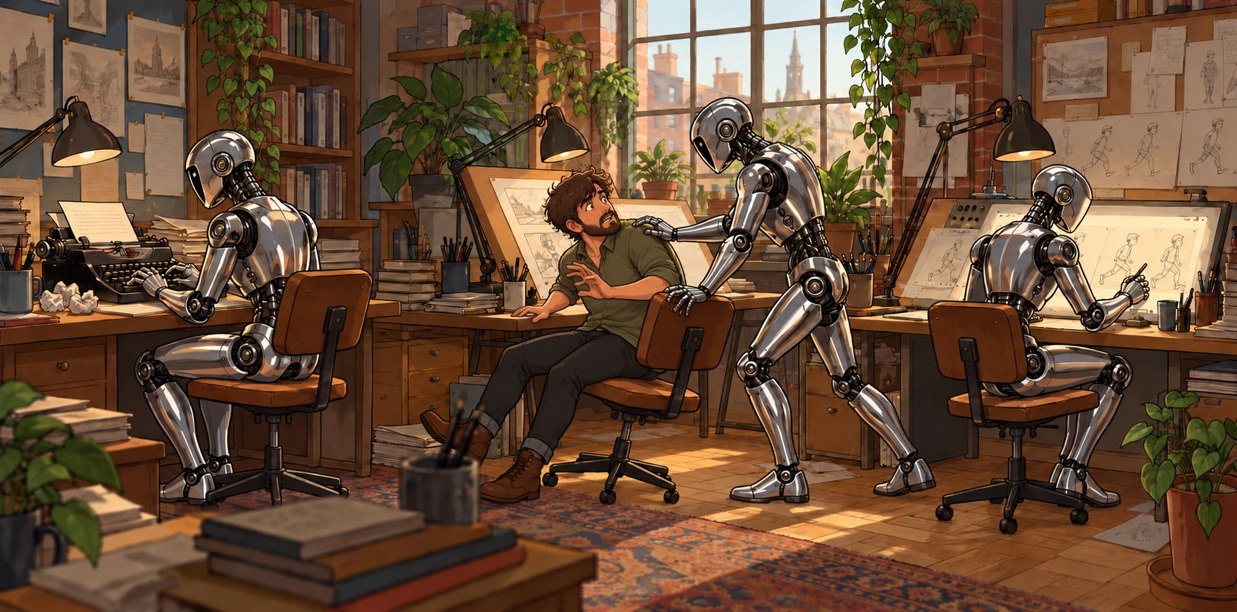 Dans un atelier, les personnes qui écrivent, illustrent et animent s'effacent progressivement, tandis que leurs outils restent en place.