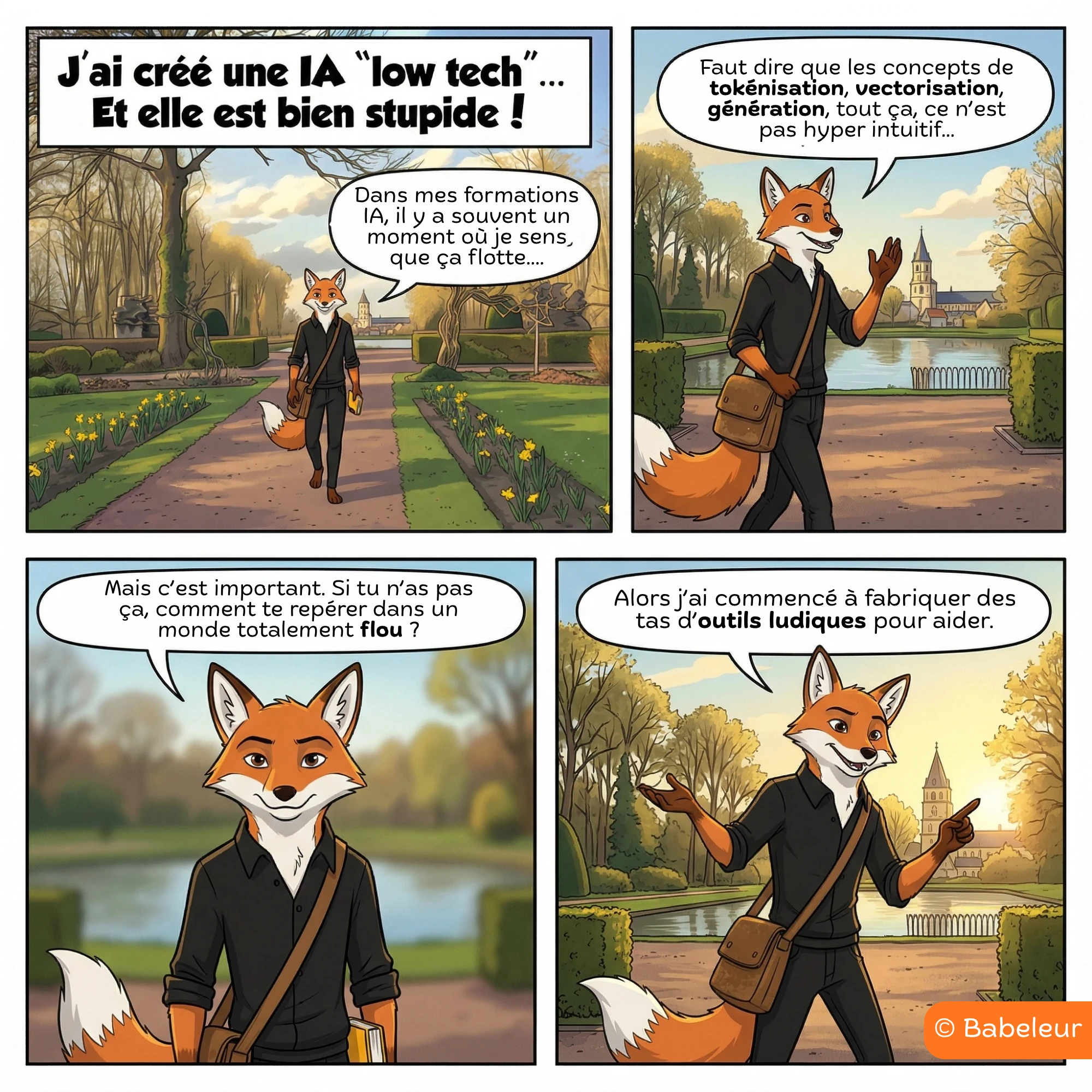 BD Babeleur, planche 1. Un renard anthropomorphe en costume noir se promène dans un parc. Il raconte que dans ses formations IA, les concepts de tokénisation, vectorisation et génération font souvent décrocher les participants. Il décide de fabriquer des outils ludiques pour les aider à comprendre.