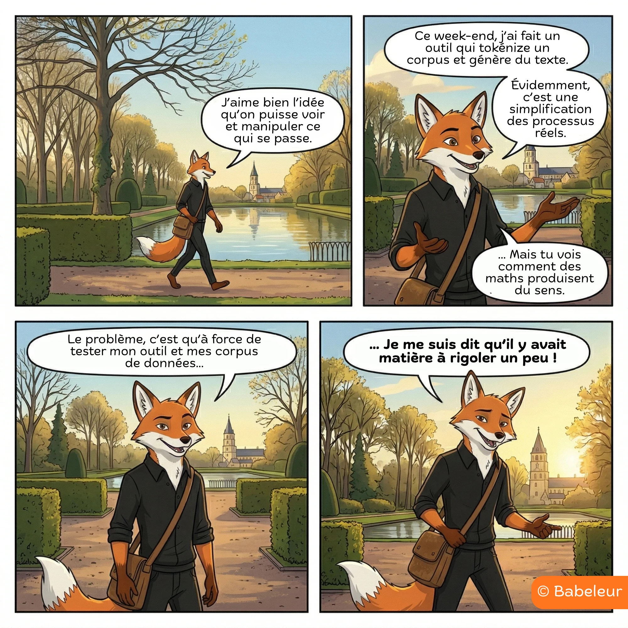 BD Babeleur, planche 2. Le renard longe un étang dans le parc. Il explique qu'il a créé un outil qui tokénise un corpus de texte et génère des phrases. C'est une simplification des vrais processus, mais on voit comment des calculs mathématiques produisent du sens. À force de tester ses corpus, il se dit qu'il y a matière à rigoler.