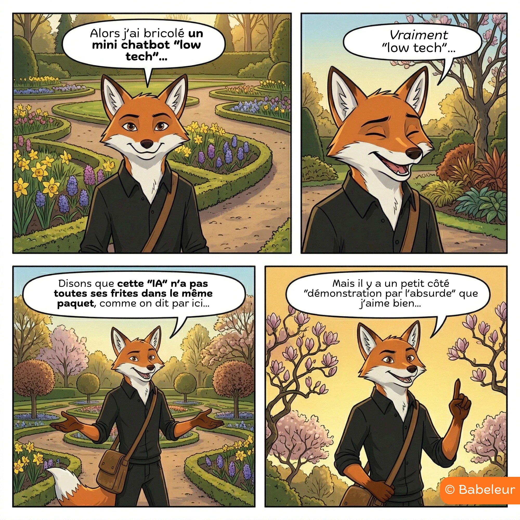 BD Babeleur, planche 3. Le renard se promène dans un jardin fleuri. Il a bricolé un mini chatbot low tech à partir de son outil. Il admet que cette IA n'a pas toutes ses frites dans le même paquet, mais il aime le côté démonstration par l'absurde.