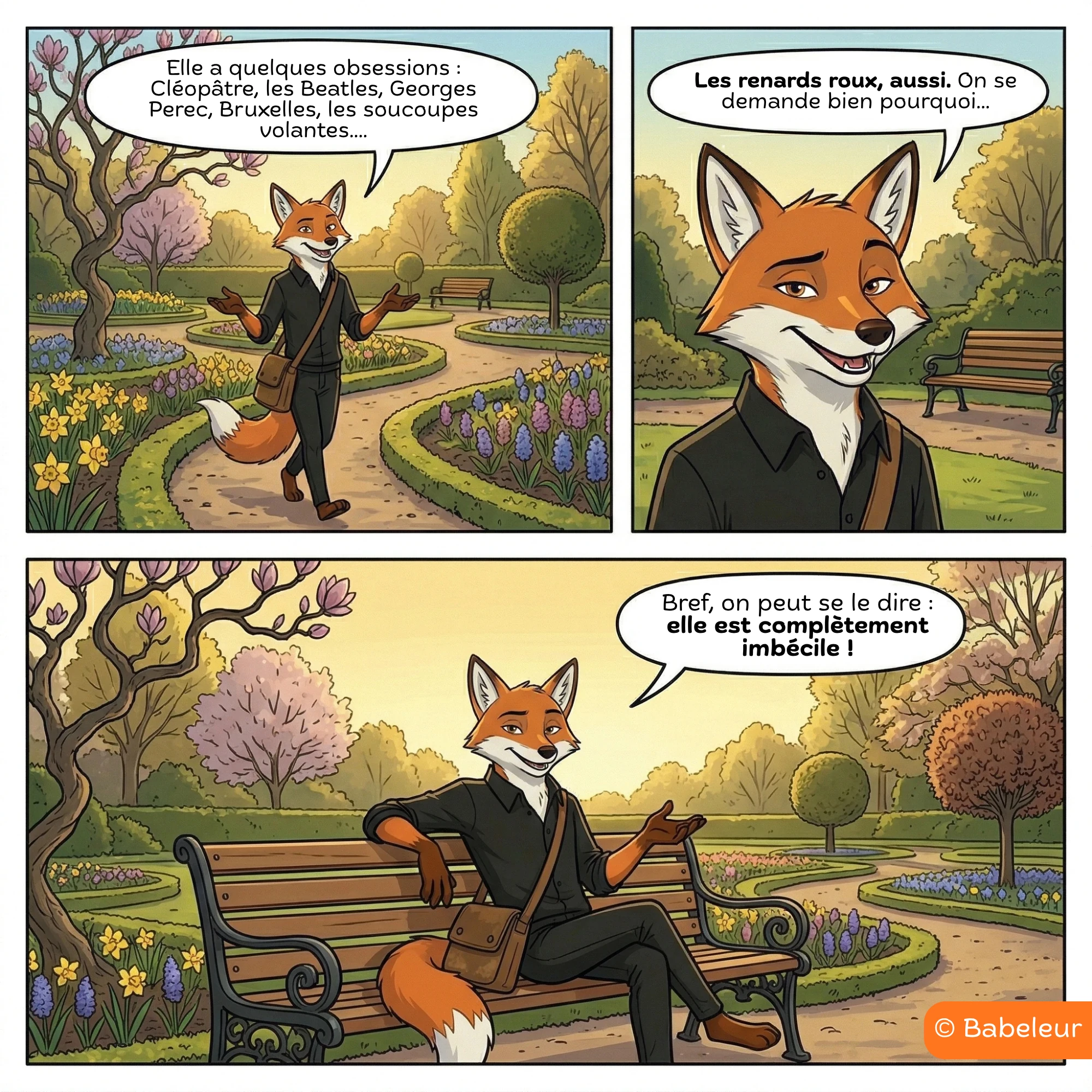 BD Babeleur, planche 4. Le renard est assis sur un banc du parc. Son chatbot a quelques obsessions : Cléopâtre, les Beatles, Georges Perec, Bruxelles, les soucoupes volantes et les renards roux. Verdict : il est complètement imbécile.