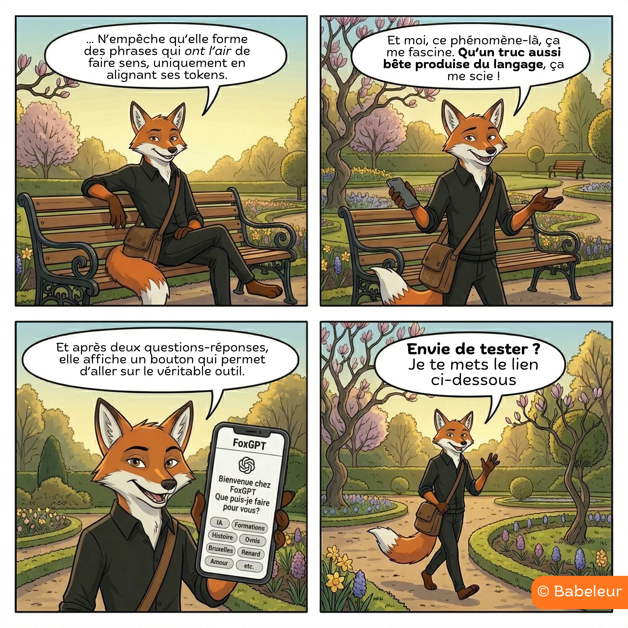 BD Babeleur, planche 5. Le renard montre sur son téléphone l'interface de FoxGPT, un chatbot low tech avec des boutons thématiques : IA, Formations, Histoire, Ovnis, Bruxelles, Renard, Amour. Malgré sa bêtise, le chatbot forme des phrases qui semblent avoir du sens juste en alignant des tokens. Après deux échanges, un bouton redirige vers le véritable outil de tokénisation.