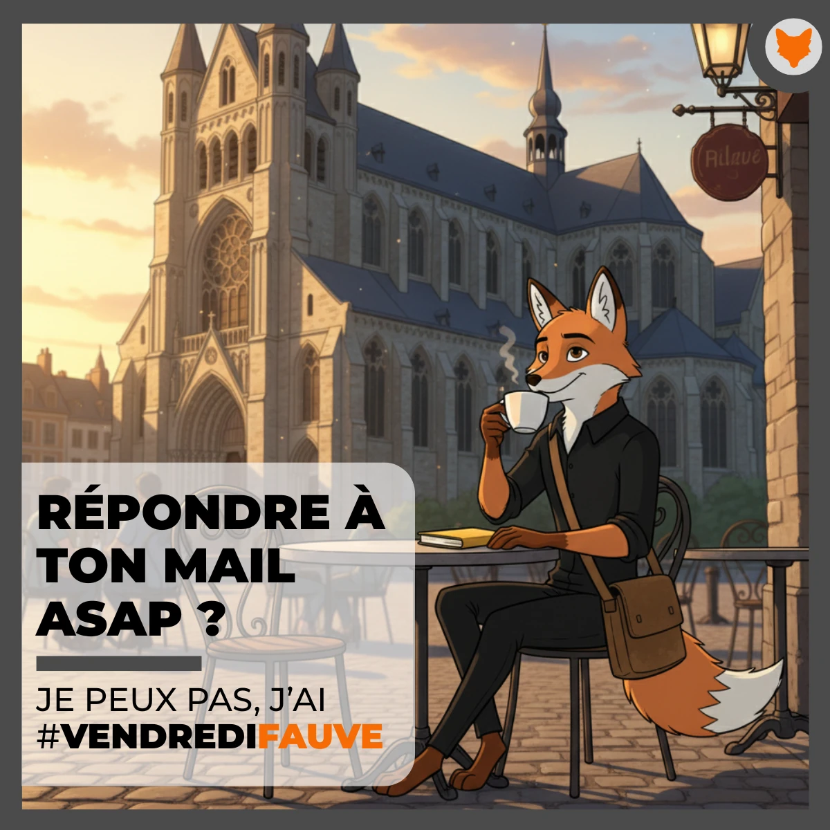 Image montrant Arnard qui prend un café en terrasse avec le commentaire : répondre à ton mail ASAP? Je peux pas j'ai #VendrediFauve'