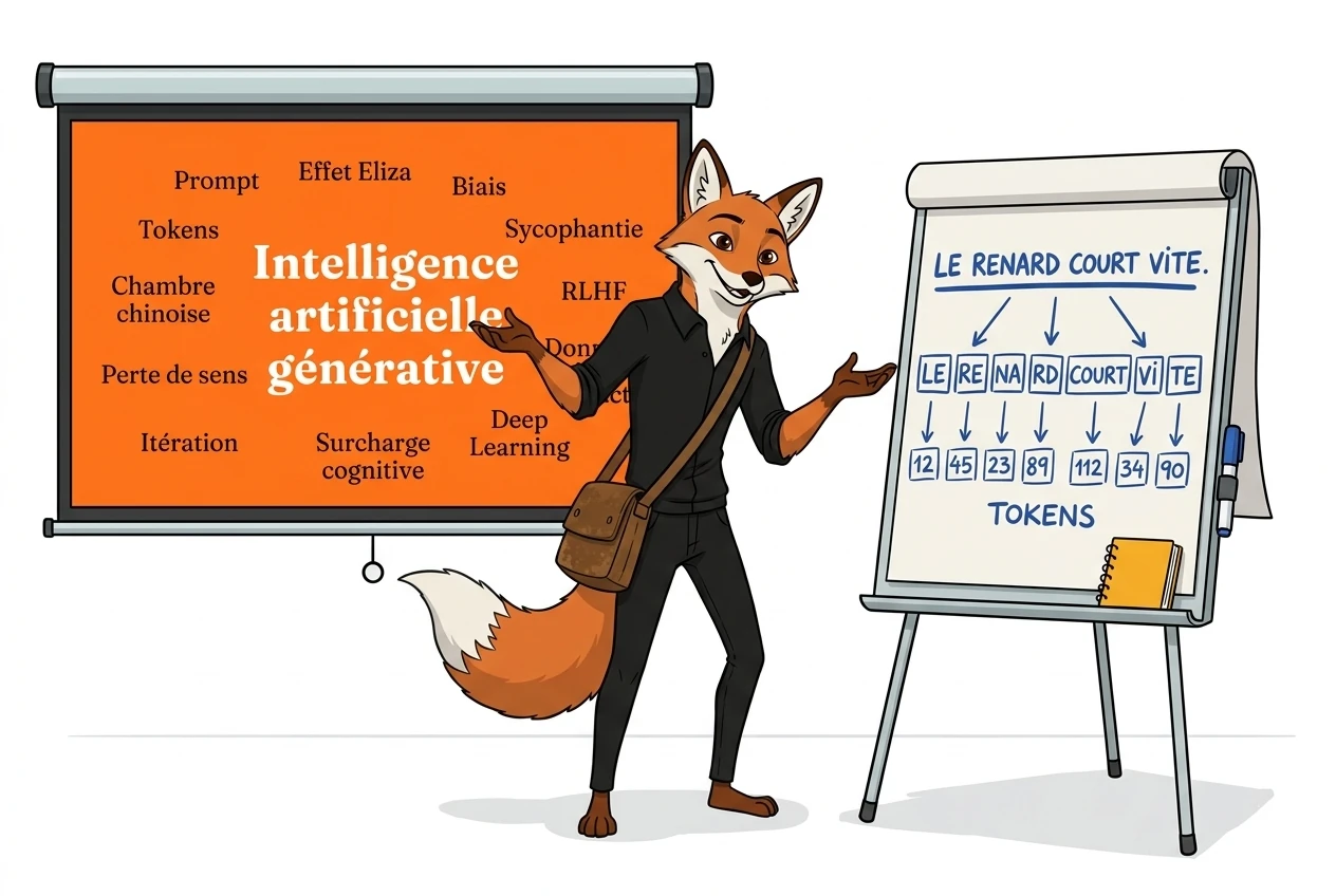 Arnard le renard en formation, devant un écran et un paperboard consacrés à l’intelligence artificielle générative