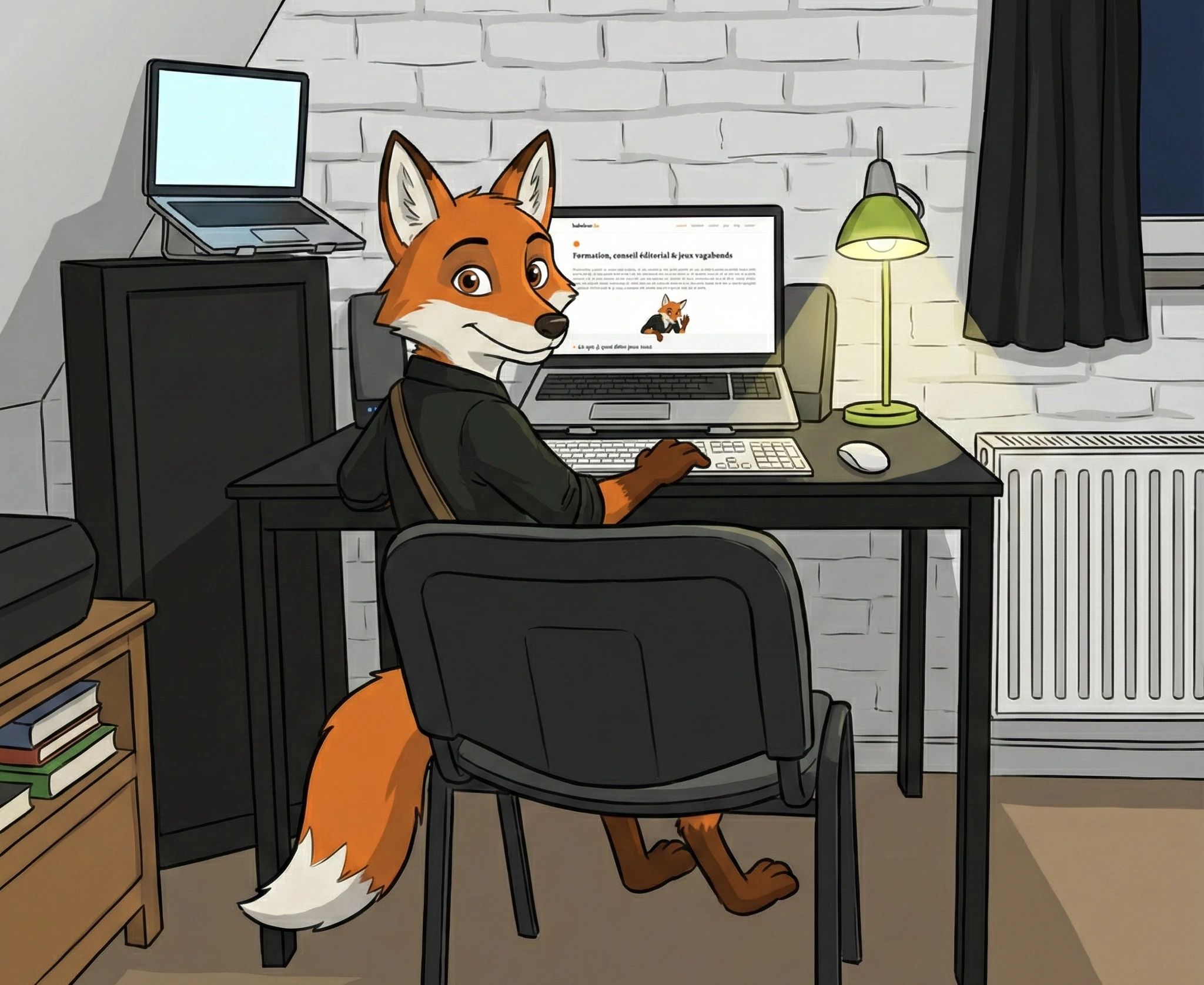 Arnard le renard à son bureau