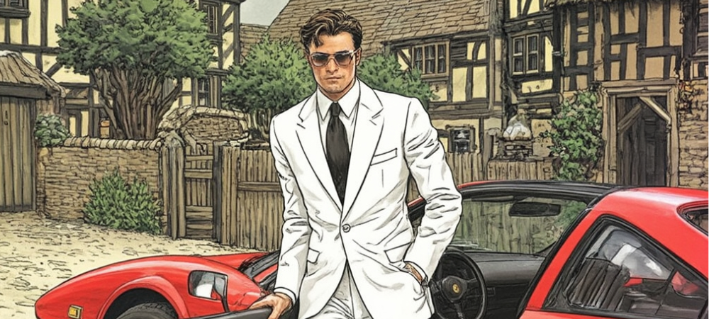 Illustration : Régis Busard dans son costume blanc, devant sa Porsche 308-GTS.